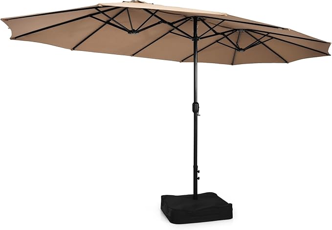 Tangkula 15FT Double-Sided Patio Umbrella with Base, Extra-Large Market Umbrella W/Crank System, Outdoor Twin Umbrella W/ 12-Rib Metal Structure & Air Vents for Garden, Backyard, Poolside (Tan)
