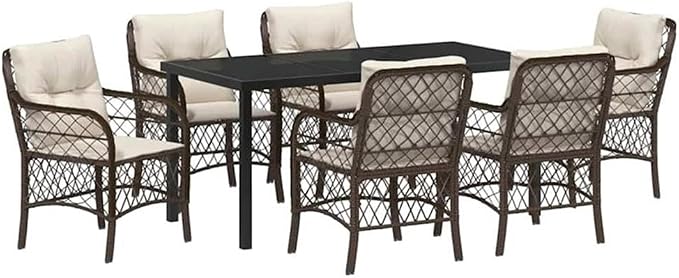 Afuera Living 7-Piece Poly Rattan Patio Dining Set, Black Finish with Cushions, Powder-Coated Steel Frame, Tempered Glass Tabletop, Weather-Resistant Outdoor Fabric, Seating for 6, Ideal for Garden