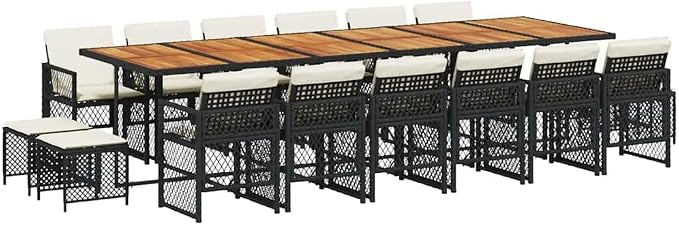 17-Piece Garden Dining Set with Large Rectangular Table Chairs and Stools, Modern PE Rattan and Acacia Wood Outdoor Furniture for Patio and Terrace, Black