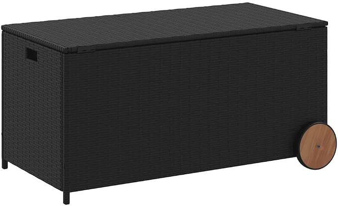 Black PE Rattan Outdoor Storage Box, 50.4 Gallon Deck Box for Patio Cushions & Garden Tools, Weather-Resistant Poly Rattan Deck Storage Bin with Wheels, 42.1 x 21.7 x 20.9 Inch