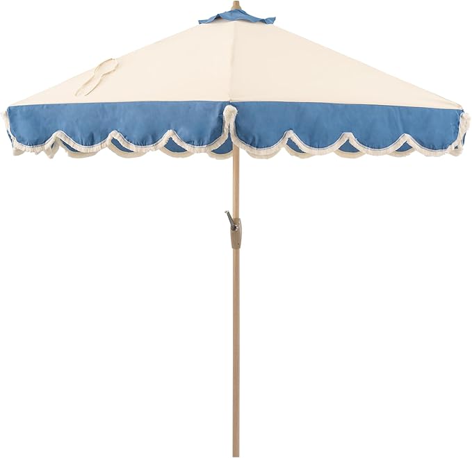 Tempera 9ft Beige Spliced Twilight Blue Tassels Scallop Patio umbrella,Outdoor Table Market Umbrellas with Crank & Pust Button Tilt, Wood Color Pole and 8 Steel Ribs