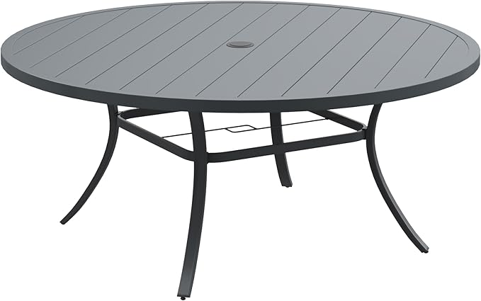 DIFY 63" Round Outdoor Patio Dining Table for 8-10, Metal Patio Table with 1.57" Adjustable Umbrella Hole, All-Weather Outdoor Furniture Table for Garden Backyard Deck, Grey
