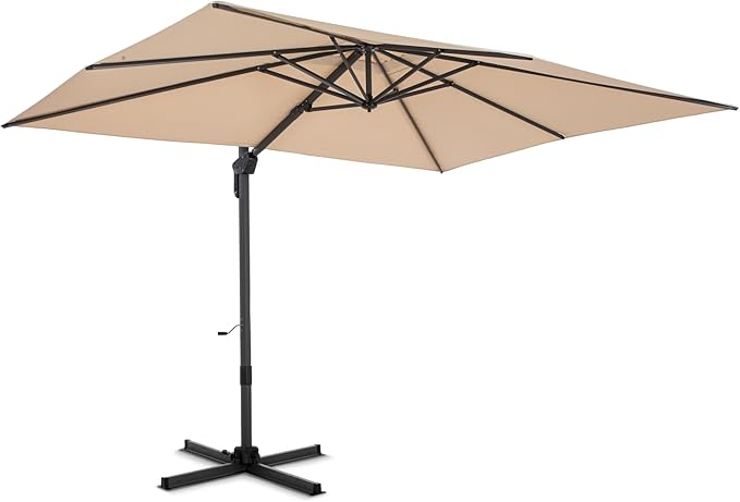 PHI VILLA 10ft Cantilever Patio Umbrella with Crank Handle, 7-Level Tilt & 360° Rotation, Aluminum Square Outdoor Offset Umbrella Windproof & Crashproof for Garden, Deck, Pool (Beige)