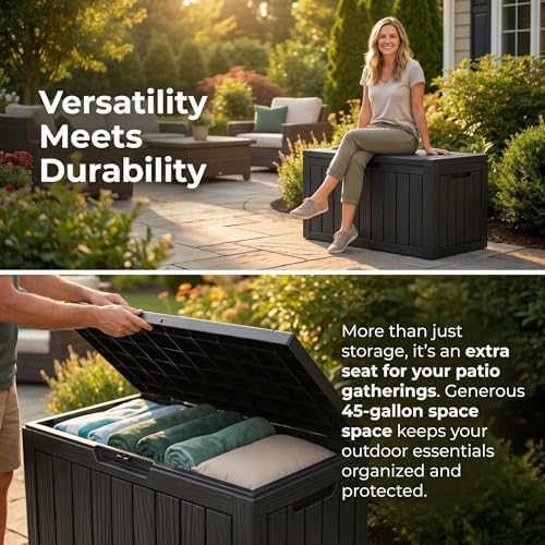 45 Gallon Deck Box, Waterproof Resin Outdoor Storage Box with Lockable Lid, Patio Storage Box Featuring Fade Resistant for Patio Furniture Cushions, Pool Accessories, Garden Tools, Black