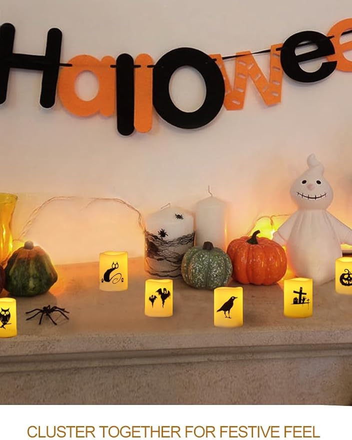 Set of 12 Halloween Votive Candles Battery Operated (White Body, Warm White Flicker) - Flameless Unscented Candles with Halloween Decals - LED Flickering Flameless Votive Candle