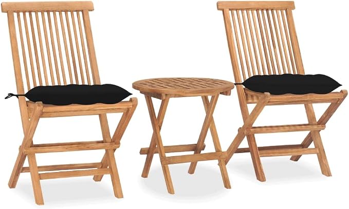 3 Piece Folding Patio Dining Set with Cushion Solid Teak Wood Outdoor Table and Chairs for Garden, Deck, Balcony Space Saving Black