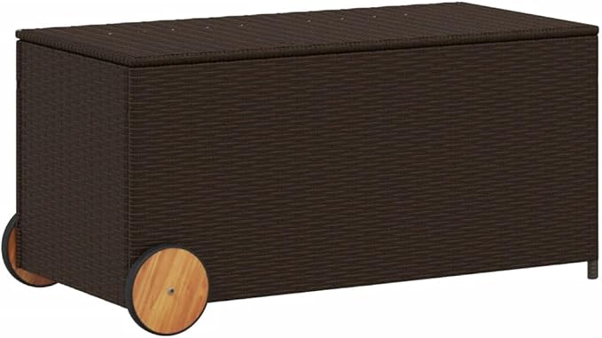 Outdoor Storage Box with Wheels 50.2 Gal Brown PE Rattan Water-Resistant Bag Patio Furniture Deck Box Garden Storage Container for Backyard Poolside Porch