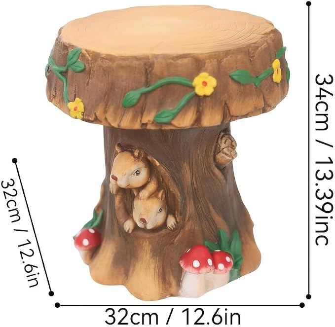 12.6" Resin Squirrel Garden Chair, Indoor & Outdoor Accent Stool, Natural | Round Tree Stump Design w/ Squirrel Details, Weather-Resistant for Patio, Backyard, Terrace & Home Decor