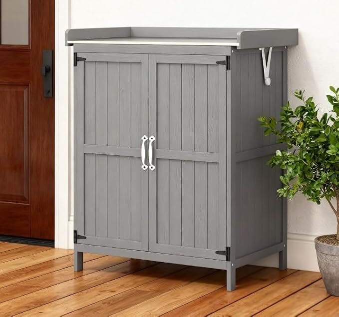 29 Inch Wooden Outdoor Storage Box and Garden Potting Bench with Stainless Steel Tabletop, Double Doors and Hinged Roof for Patio Organization and Tool Storage, Grey