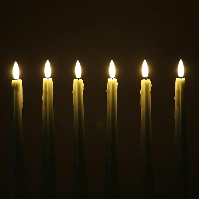 Rhytsing 11.4" Natural White Flameless Taper Candles with Timer Function, Battery Operated Dinner Tall Candlestick Wax Dripping Design, Warm White LED, 2 Remotes Included - Set of 6