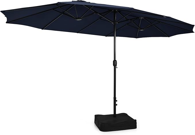 Tangkula 15FT Double-Sided Patio Umbrella with Base, Extra-Large Market Umbrella W/Crank System, Outdoor Twin Umbrella W/ 12-Rib Metal Structure & Air Vents for Garden, Backyard, Poolside (Navy)