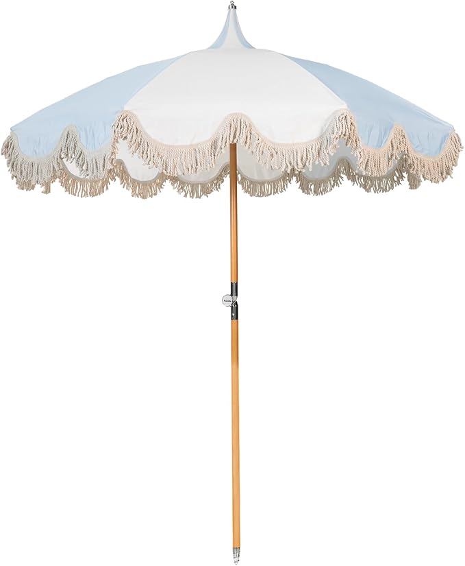 6.5ft Pagoda Beach Umbrella with Fringe, UPF 50+ Boho Umbrellas with Carry Bag, Premium Wood Pole Foldable Tassel Umbrella for Outdoor Garden Lawn Pool Yard Table