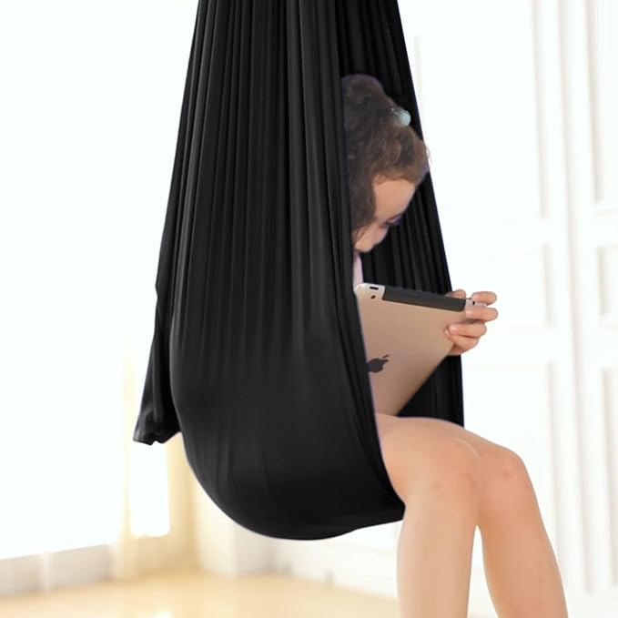 Yoga Swing for Kids Hammock Children Hangin Indoor Outdoor Autism Aspergers,ADHD Kids Hangin Therapy Swing 110inch x 59inch (Hardware Included) Black