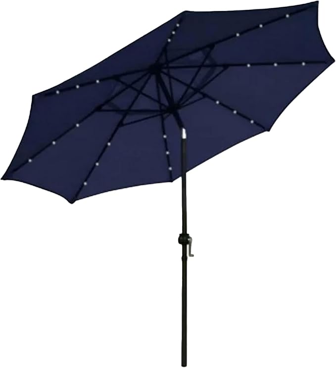 Four Seasons Courtyard 9 Foot Polyester 2 Section Steel Pole Outdoor Patio Market Umbrella with Open Tilt System and LED Lights on 8 Steel Ribs, Navy