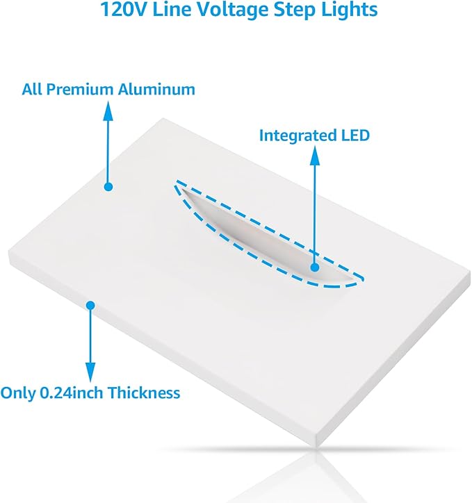 LEONLITE White 5CCT 120V LED Step Lights, 3.5W 150LM 5%-100% Dimmable Horizontal Stair Lights Indoor Outdoor Wet Location, CRI90+ & ETL, 2700K/3000K/3500K/4000K/5000K, Aluminum, Pack of 6