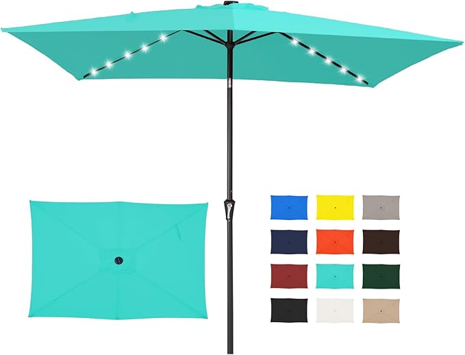 JEAREY 6.5x10 ft Rectangular LED Lighted Patio Umbrellas Outdoor Solar Table Market Umbrella w/Push Button Tilt/Crank, 6 Sturdy Ribs, UV Protection Waterproof Sunproof(Teal)