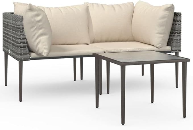 3-Piece Patio Lounge Set with Cushions Gray PE Rattan Outdoor Furniture Modern Conversation Set for Garden Balcony Porch