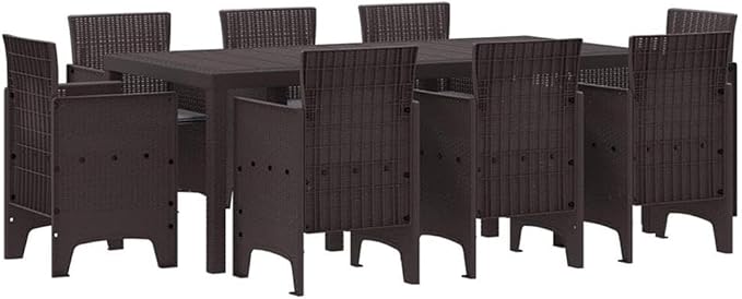 BOWERY HILL Contemporary Poly Rattan Garden Dining Set, Brown Finish, Lightweight and Durable Design, Foam Cushions, Seats 8, Rectangular Patio Dining Set for Outdoor Entertainment