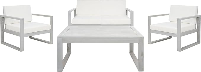 SAFAVIEH Outdoor Collection Emiko Grey/Beige Cushion Solid Wood 4-Piece Conversation Patio Set