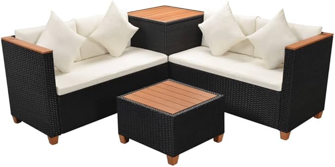 vidaXL Patio Furniture Set 4 Piece, Patio Conversation Set with Cushions, Outdoor Sectional Sofa with Coffee Table for Garden, Poly Rattan Black
