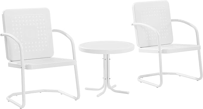 Crosley Furniture Bates 3-Piece Outdoor Chair and Side Table Set, Retro Metal Bistro Patio Conversation Sets, White Gloss and White Satin