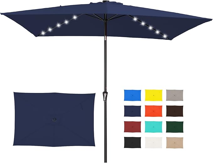 JEAREY 6.5x10 ft Rectangular LED Lighted Patio Umbrellas Outdoor Solar Table Market Umbrella w/Push Button Tilt/Crank, 6 Sturdy Ribs, UV Protection Waterproof Sunproof(Dark Blue)