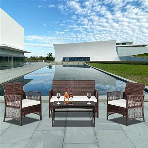 HopeHope 4pcs Patio Conversation Set Guest Chair Outdoor Garden Lawn Pool Rattan Sofa Wicker Furniture Set Coffee Table Bistro Sets Tempered Glass Table