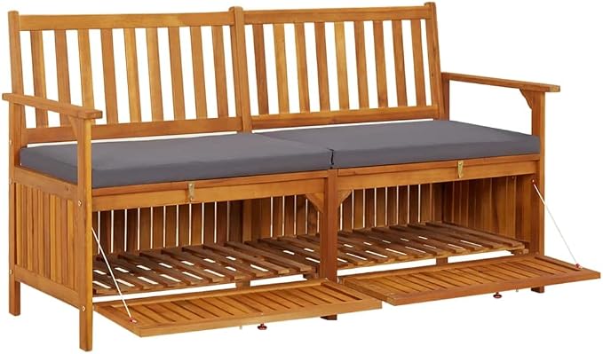 Patio Storage Bench with Gray Cushion, Outdoor Wooden Deck Box, Solid Wood Patio Furniture for Outdoor Cushions, Pool Storage and Garden Tools, 58.3"x24.4"x33.1", -332