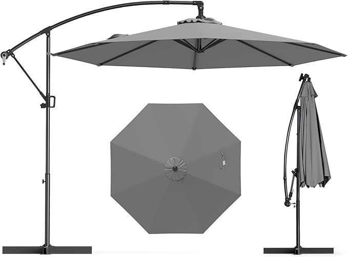 Tangkula 10 FT Patio Offset Umbrella, Hanging Cantilever Umbrella w/X-shaped Base & 360° Rotation, Smooth Crank Handle, Vented Top, Outdoor Market Umbrella for Backyard, Deck (Grey)