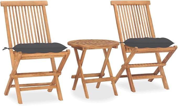 3 Piece Folding Patio Dining Set with Anthracite Cushions, Solid Teak Wood Outdoor Bistro Furniture for Garden and Balcony, Includes Folding Table and 2 Chairs, Pre-Assembled
