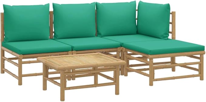 5 Piece Patio Lounge Set with Green Cushions, Porch Furniture Set Patio Conversation Set Outdoor Sofa Sets Sectional Sofa for Piazza Garden Negotiation Area Exhibition Bamboo
