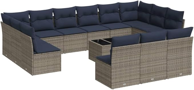 vidaXL Patio Sofa Set with Cushions 14 Piece, Sectional Sofa with Glass Table, Outdoor Conversation Set, Modern Style, Gray Poly Rattan