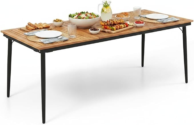 Tangkula 79" Acacia Wood Outdoor Dining Table for 8, Large Rectangular Patio Table with 1.9" Umbrella Hole, Metal Frame & Foot Pads, 8-Person Outside Table for Garden, Poolside & Backyard