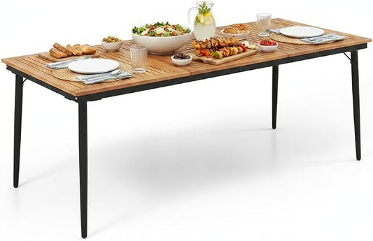 Tangkula 79" Acacia Wood Outdoor Dining Table for 8, Large Rectangular Patio Table with 1.9" Umbrella Hole, Metal Frame & Foot Pads, 8-Person Outside Table for Garden, Poolside & Backyard