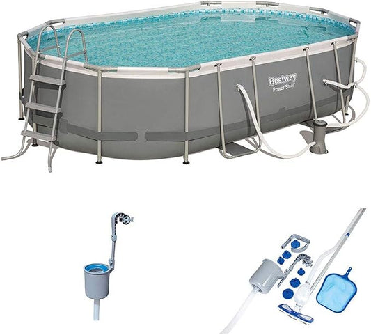Bestway 16 Ft x 10 Ft x 42 in Steel Frame Above Ground Pool Set with Pump, Filter, Ladder, Cover, Mesh Skimmer, Vacuum and Maintenance Kit
