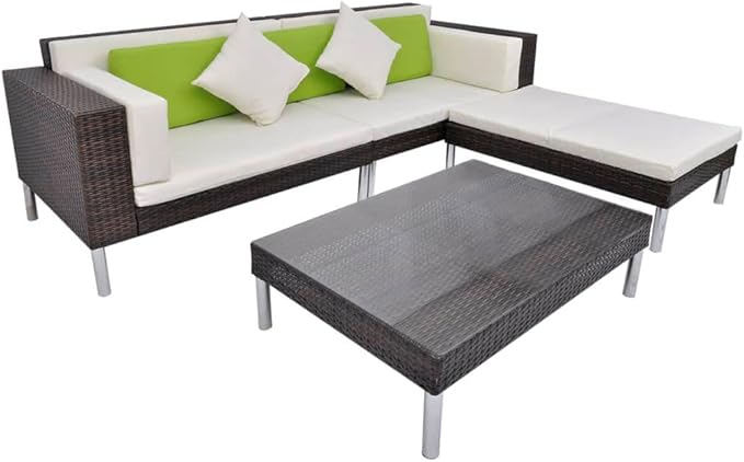 vidaXL Patio Furniture Set 4 Piece, Patio Conversation Set with Cushions, Sectional Sofa with Coffee Table, Wicker Furniture for Garden, Poly Rattan Brown