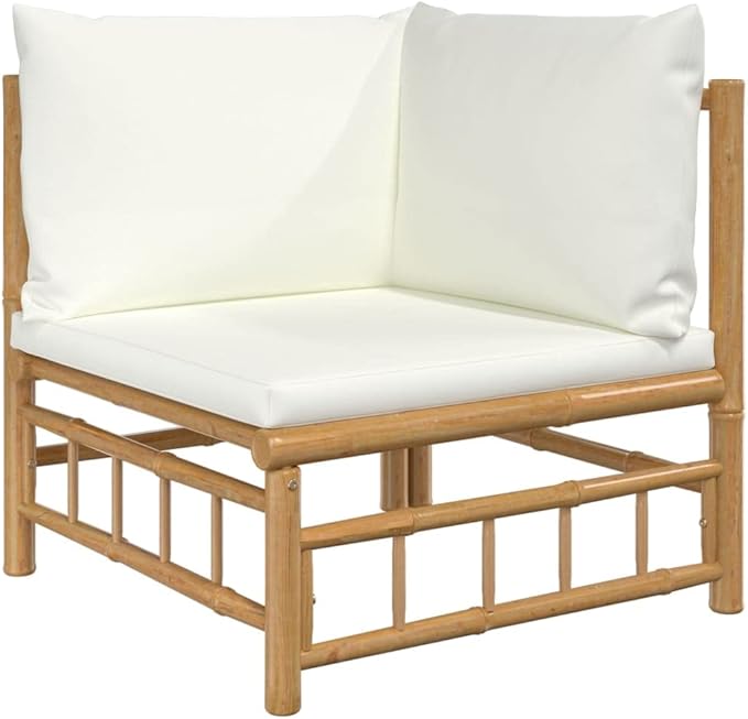 6 Piece Patio Lounge Set with Cream White Cushions, Patio Conversation Set Front Porch Furniture Sectional Sofa Outdoor Dining Sets for Exhibition Piazza Garden Poolside Bamboo