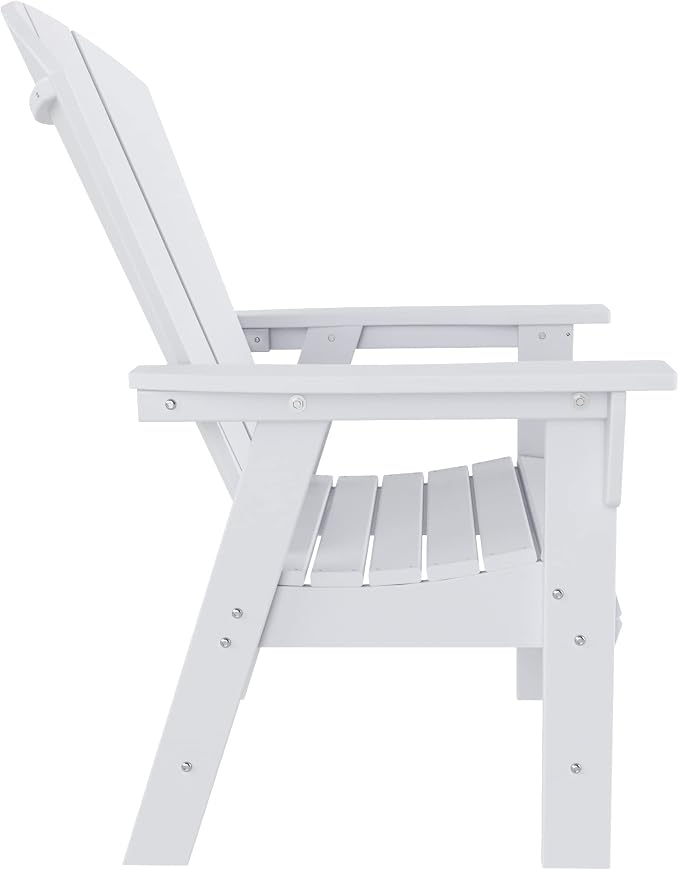 WestinTrends Malibu 6 Piece Adirondack Patio Dining Set with Bench, All Weather Poly Lumber Outdoor Table and Chairs, 71" Trestle Dining Table, 4 Adirondack Chair with Dining Bench, White