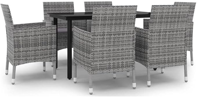 Afuera Living 7-Piece Garden Dining Set, Weatherproof PE Rattan, Gray/Dark Gray/Black, Glass Top Table, Cushioned Chairs, Modern Outdoor Patio Furniture for Terrace or Balcony Dining