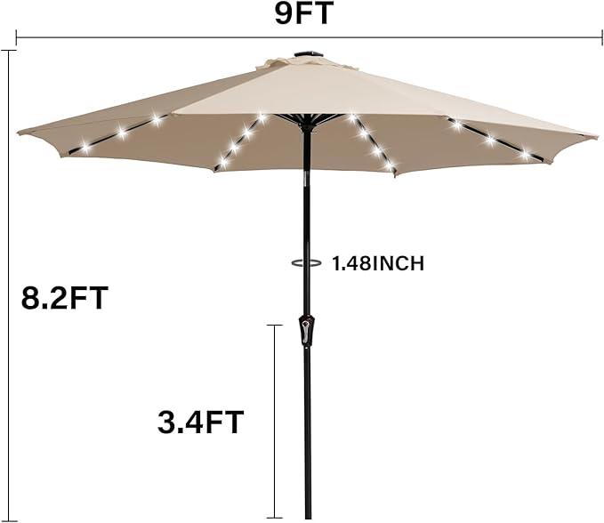 JEAREY 9ft Solar LED Lighted Patio Umbrella, Table Market Umbrella with 8 Ribs/Tilt Adjustment and Crank UV-Resistant Outdoor Umbrella for Garden, Deck, Backyard, Pool and Beach - Beige