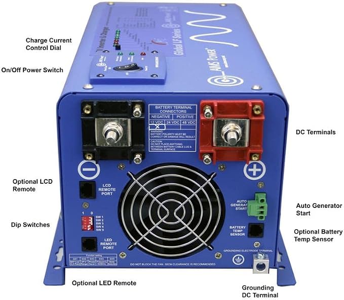 AIMS Power 2000 Watt 12 VDC Pure Sine Inverter Charger 120 VAC Output 70A Charger 30A Transfer Switch ETL Cert to UL458 Standards PICOGLF20W12V120V