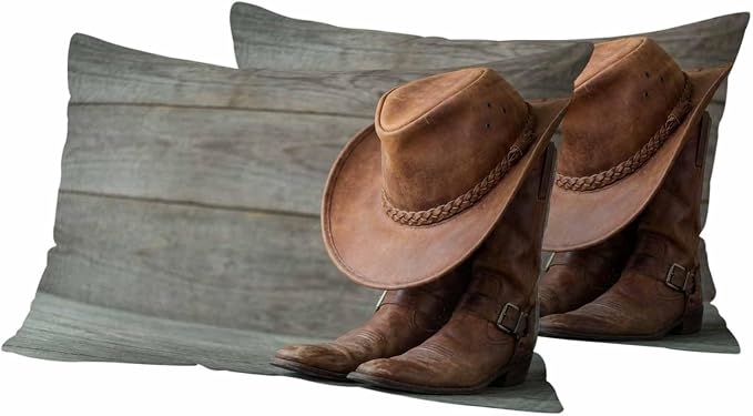 Outdoor Throw Pillow Covers,Western Cowboy Boots Hat Waterproof Decorative Pillowcases Cushion Cover Farm Wooden Plank Pillow Cases for Patio Couch Sofa Bed,20x12in Set of 2