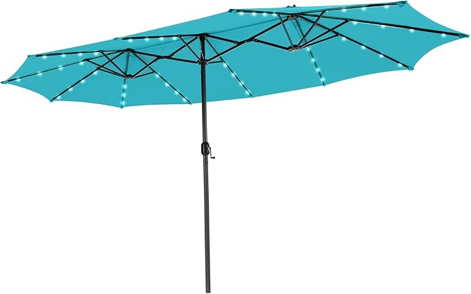 Tangkula 15 Ft Solar Patio Umbrella, Double-Sided Extra Large Outdoor Market Table Umbrella with 48 LED Lights, Crank Handle, 12 Sturdy Ribs for Poolside, Garden & Backyard (Turquoise)