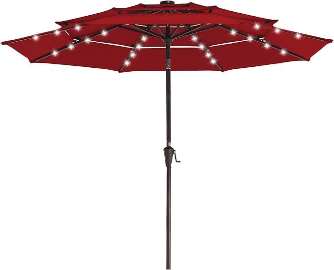 JEAREY 3 Tiers Patio Umbrella with Solar Lights 9ft Outdoor Market Table Umbrellas with Push Button Tilt for Outside Pool Garden, Red