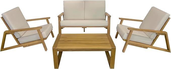 4-Piece Deep Seating Teak Wood Patio Furniture Set, Teak Wood Outdoor Conversation Sofa Set with Cushioned Loveseat, Armchairs and Coffee Table for Garden, Deck, Backyard