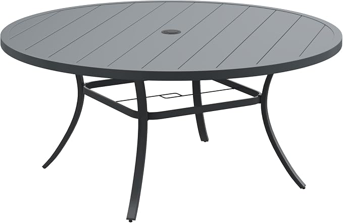 DIFY 60" Round Outdoor Patio Dining Table for 8-10, Metal Patio Table with 1.57" Adjustable Umbrella Hole, All-Weather Dining Furniture Table for Backyard Lawn Garden, Grey