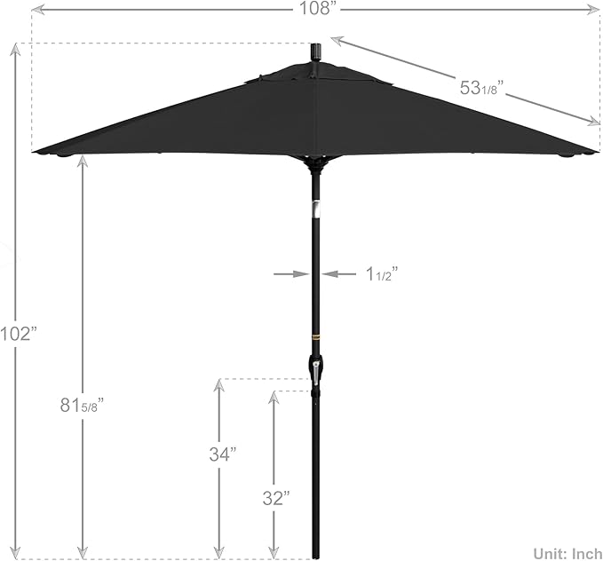California Umbrella 9' Round Aluminum Market Umbrella, Crank Lift, Push Button Tilt, Black Pole, Pacifica