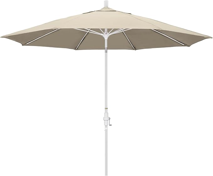 California Umbrella 11Ft Sunbrella Patio Umbrella, Fiberglass Ribs, Hand-Crank, Tilt-Collar, White Frame, Beige Fabric