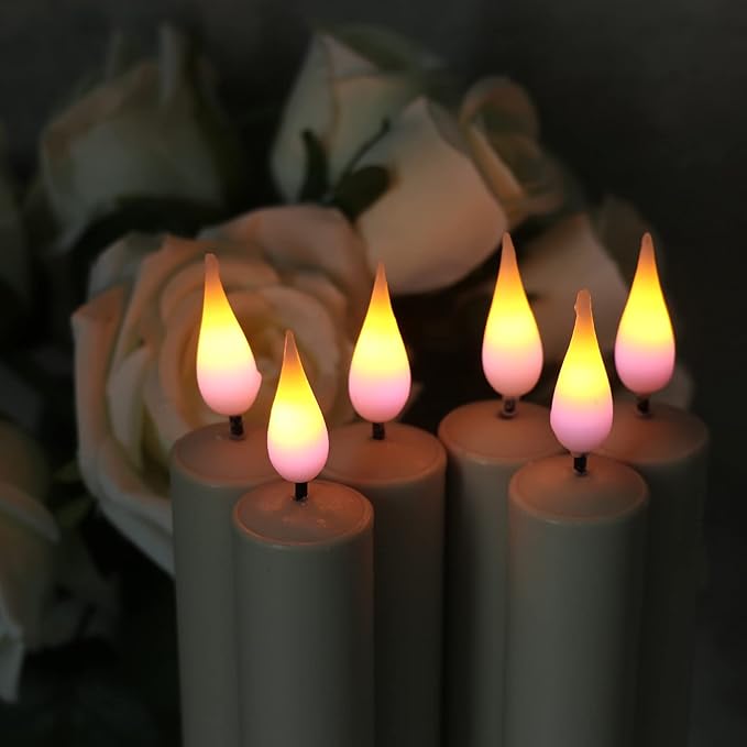 DRomance Christmas Flameless Window Taper Candles with 10-Key Remote and Timer, Battery Operated Real Flame Effect Realistic 3D Wick, 6 Pack Silver Holders and Suction Cups Included