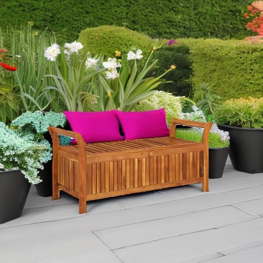 Wooden Outdoor Patio Storage Bench Large Deck Box with White Cream Cushion 49.6"x19.7"x23.6" Solid Wood Acacia Storage Box Deck Box with Seat for Garden, Balcony, Porch, Pool,Yard